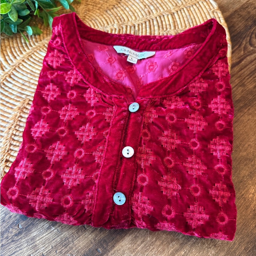 John Mark Red Velvet & Embroidered Pattern Button-Front Tunic - Picture 10 of 15
